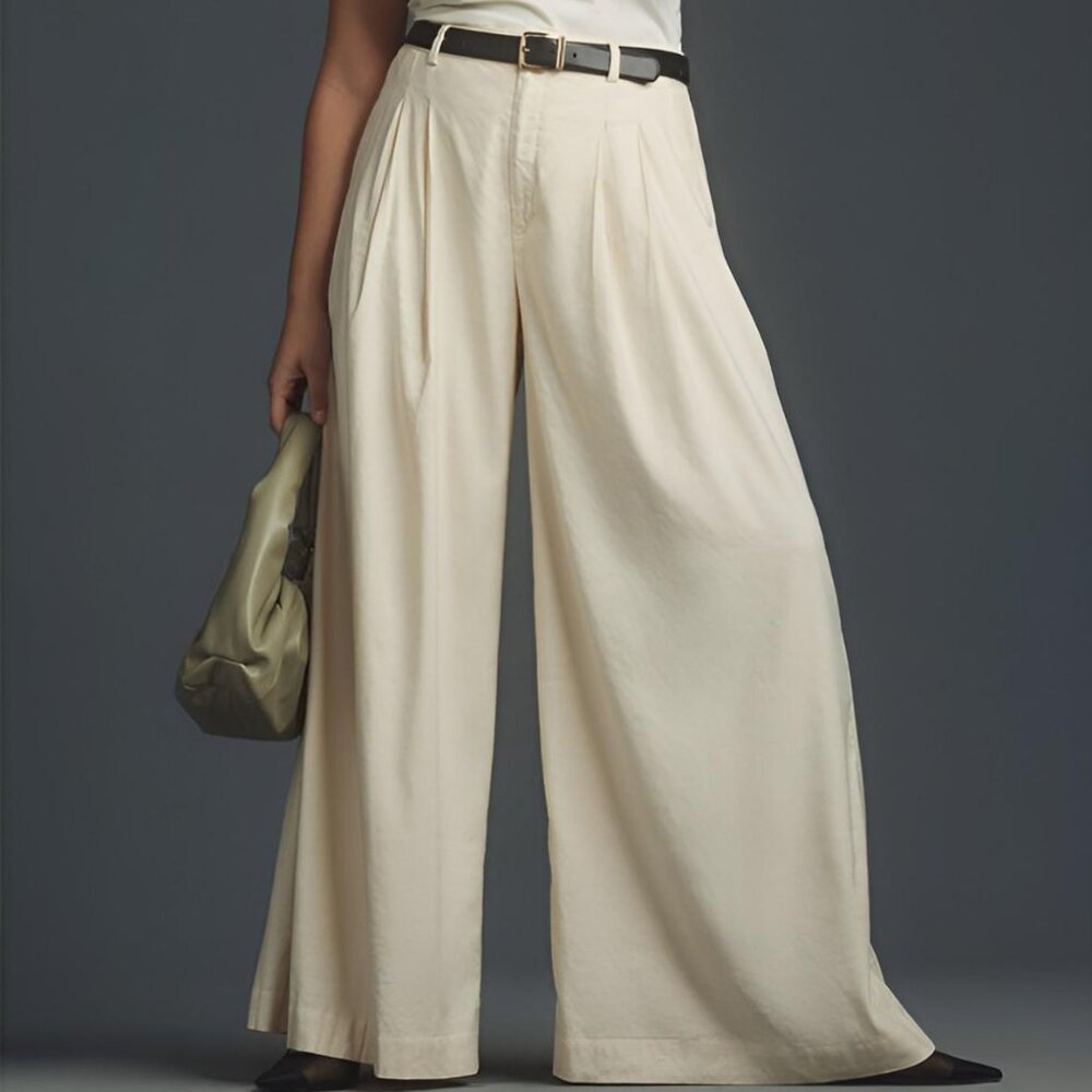 Maeve Anthropologie Avery Pleated Wide-Leg Pants – Cream, Size S